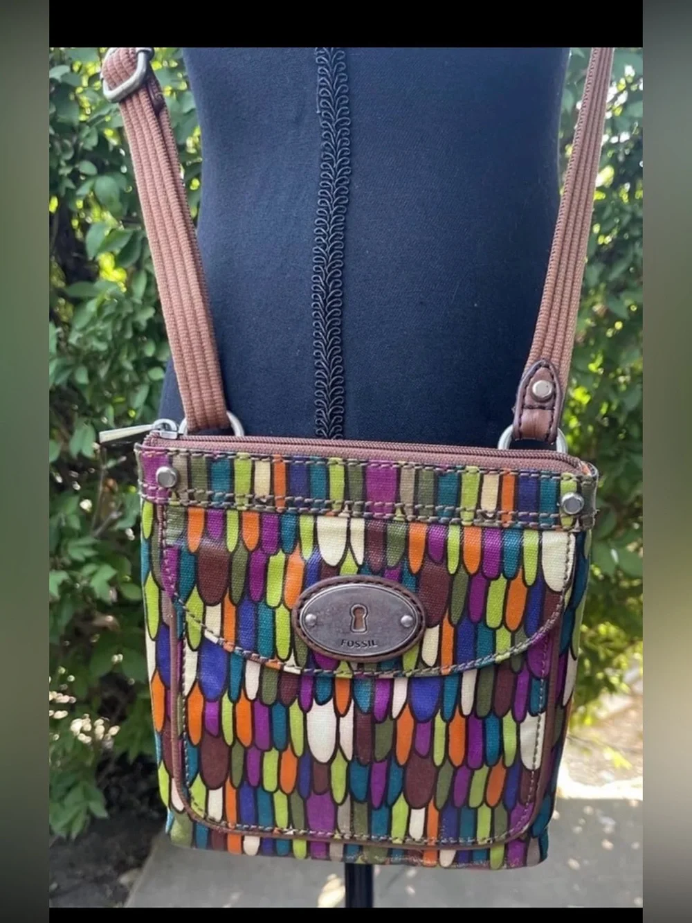 Fossil Keyper Calypso Crossbody Purse Vintage Multi Color Geometric Canvas
